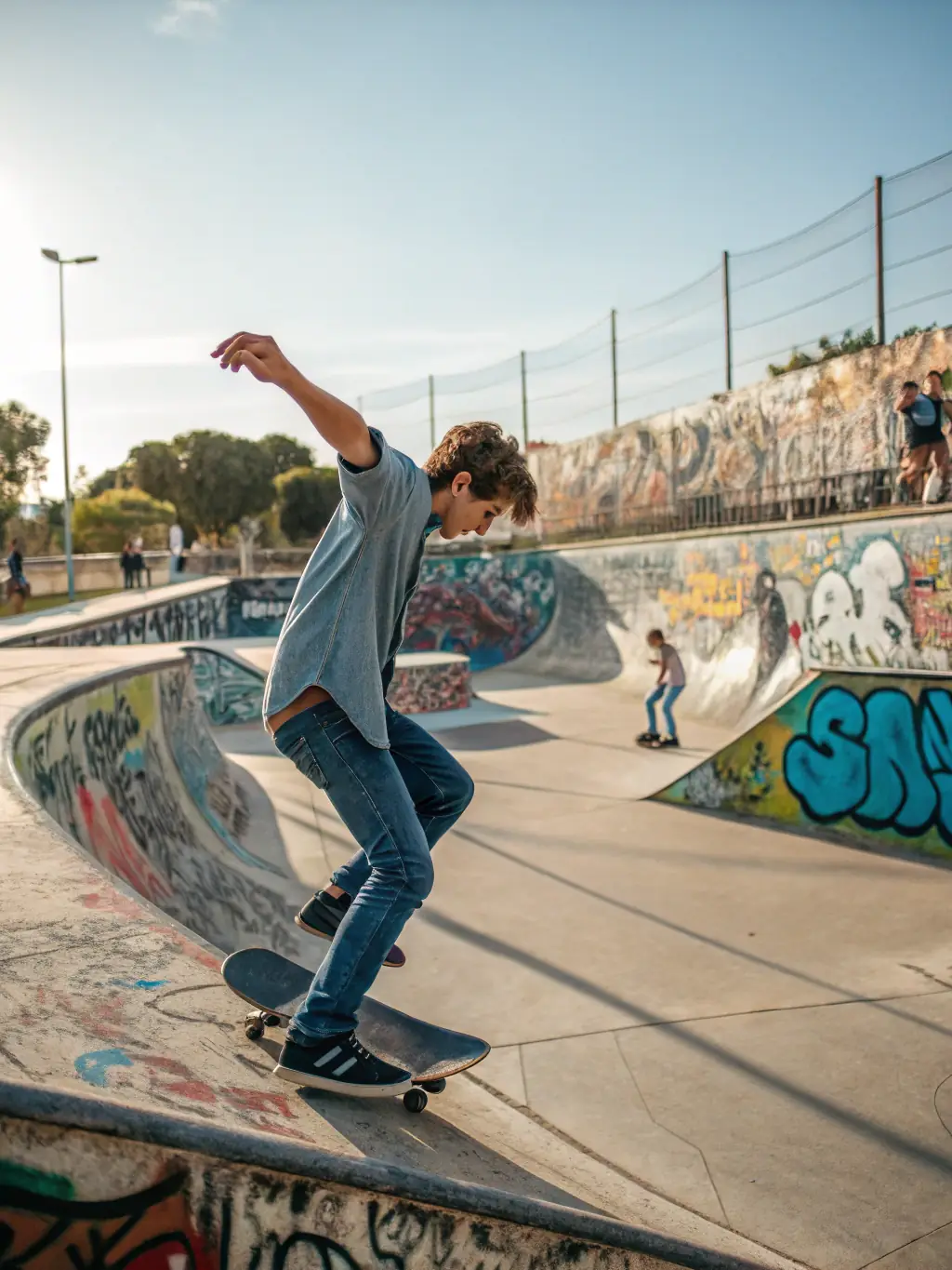 A young skateboarder confidently riding a halfpipe at the ASS-REPTILS skatepark, showcasing skill and enjoyment.