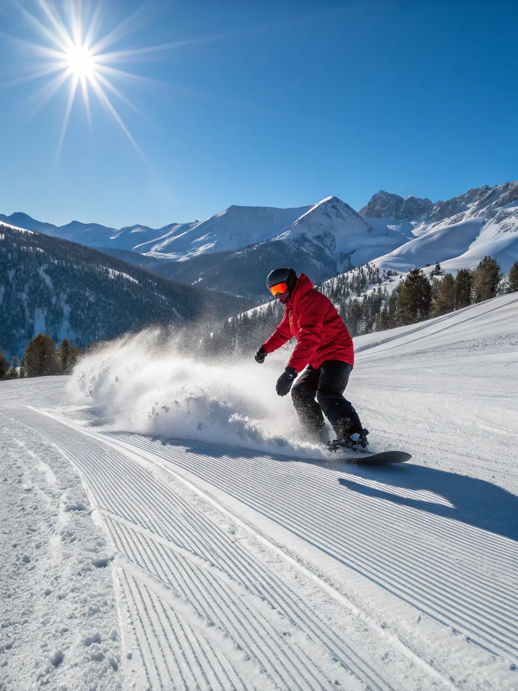 A snowboarder carving down a snowy slope during an ASS-REPTILS winter sports camp, capturing the thrill of the sport.